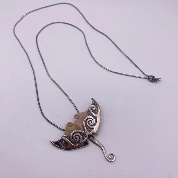 Manta Ray Pendant - Tagua Nut and Sterling Silver Necklace - Picture 2 of 7
